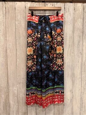 Simon Chang Black Floral pants flowy wrap and tie at waist